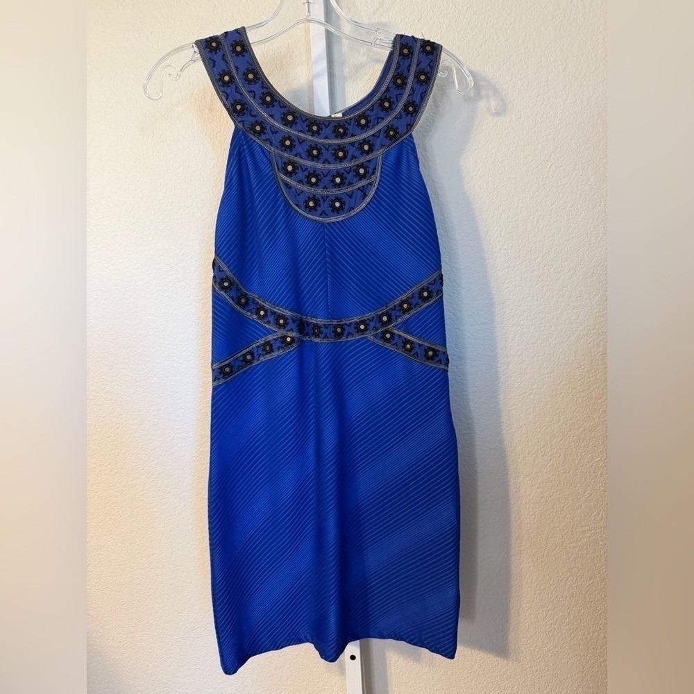 Free People Royal Blue Embroidered Bib Chevron Textured Mini Dress Size Small - Picture 2 of 6